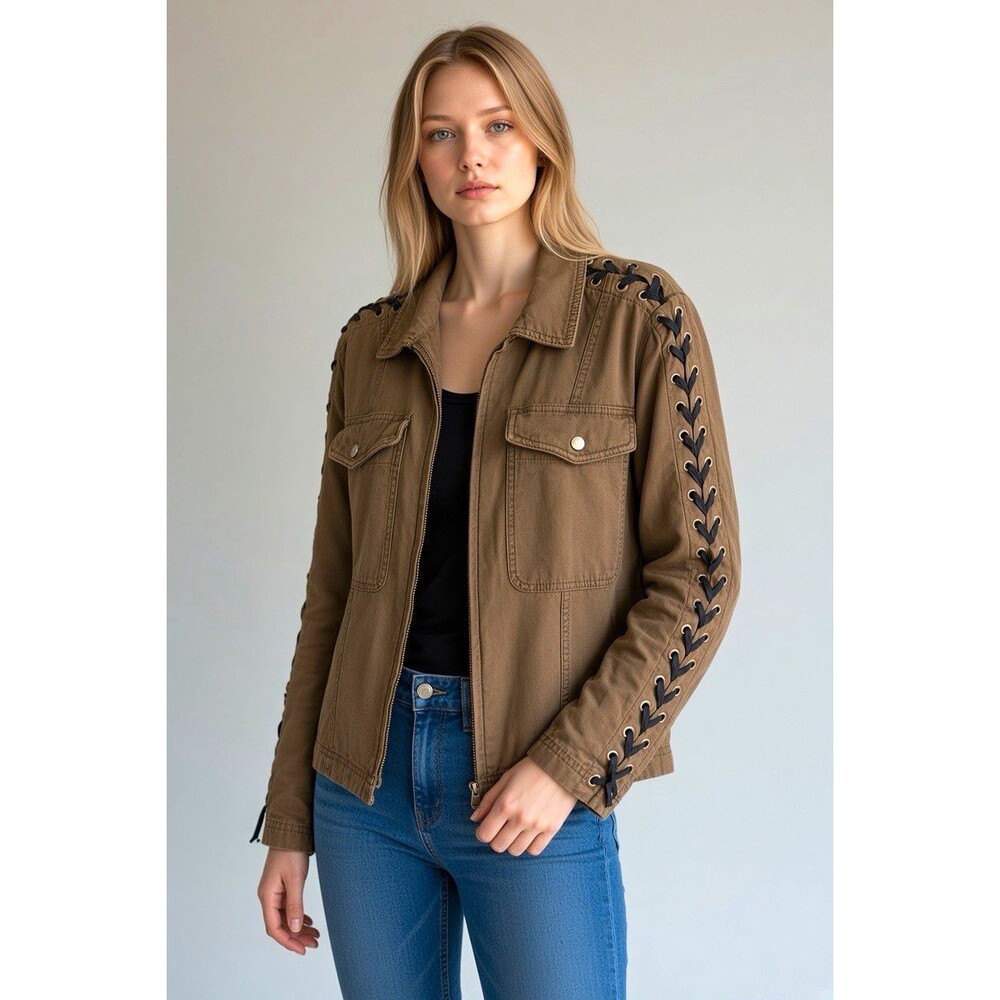 Free People Faye Military Jacket Brown Lace Up Sleeves Utility Moto Boho S